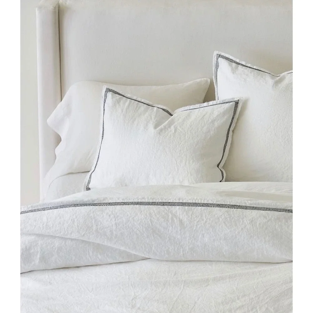 Pottery Barn Belgian Flax Linen Pick-Stitch Stndrd Sham White Black Frayed Edge
